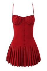 Red Spaghetti Strap Button Ruffle Skirt