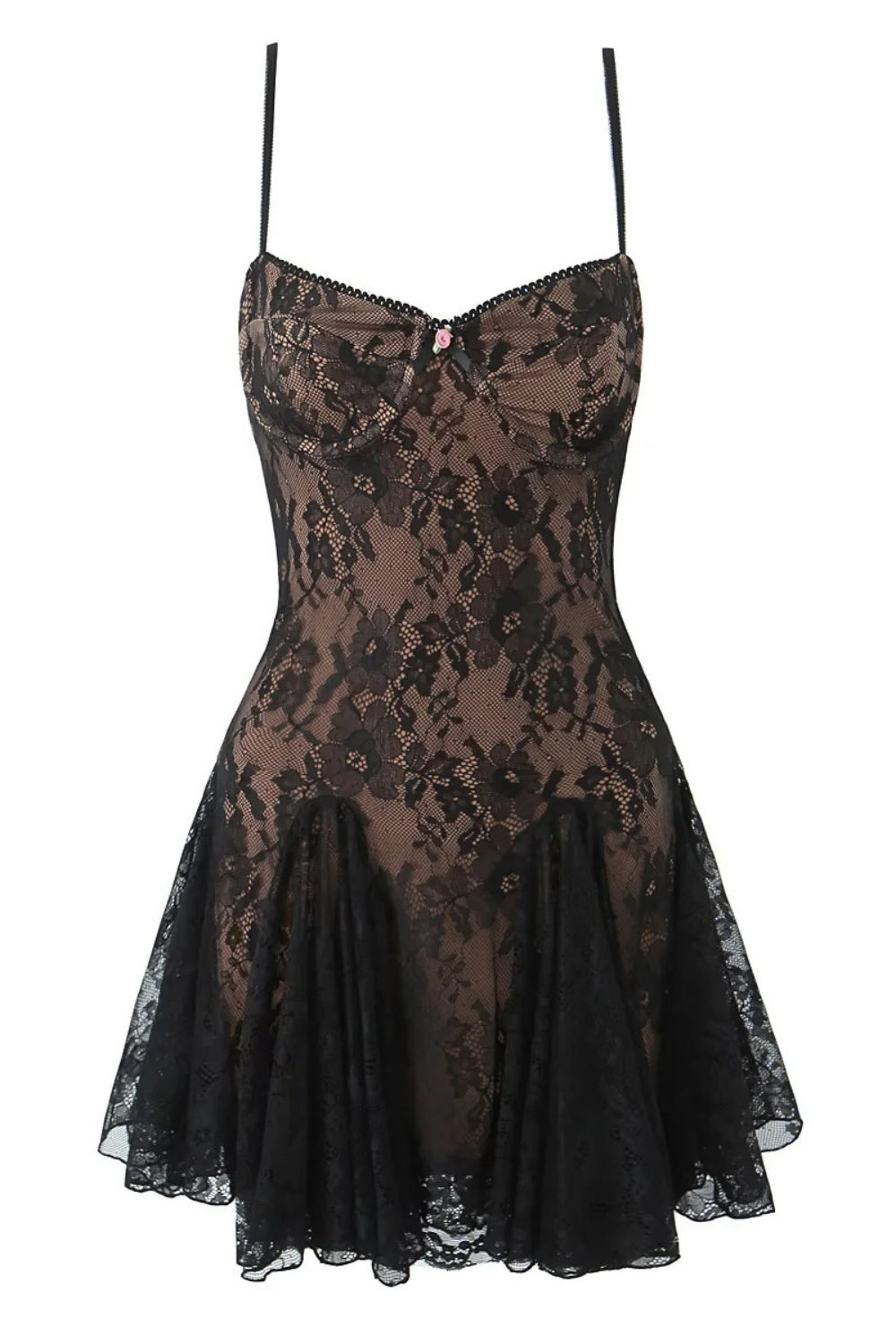 Spaghetti Strap Black Bow Lace Applique Skirt