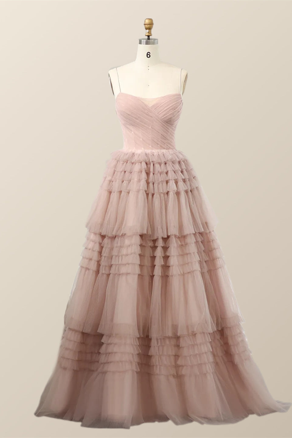 Straps Blush Tulle Tiered Long Formal Dress