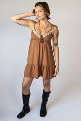 Beaded Tie Embroidered Babydoll Mini Dress