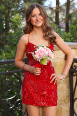 Red Beaded Straps Fitted Mini Dress