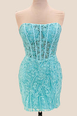 Strapless Blue Appliques Bodycon Short Dress