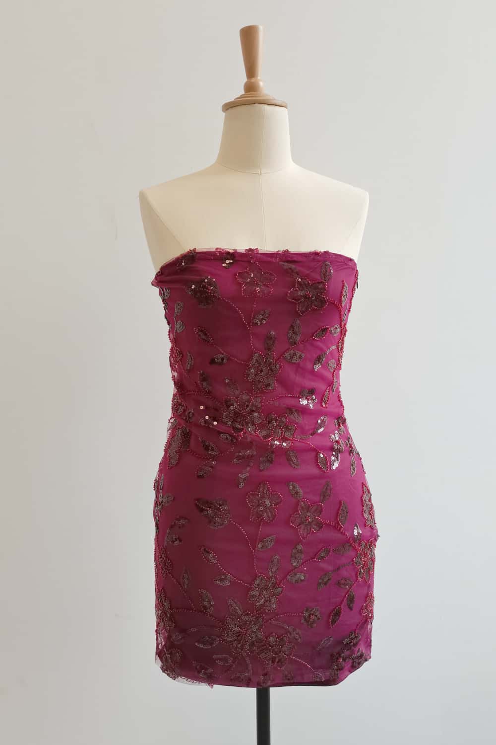 Strapless Burgundy Beaded Flowers Tight Short Dress