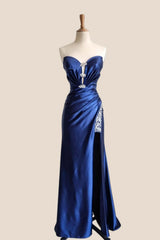 Plunge Navy Blue Ruched Slit Long Formal Dress