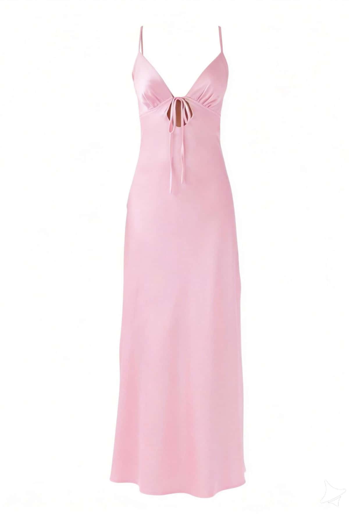 Plunge Neck Pink Back Tie Long Dress