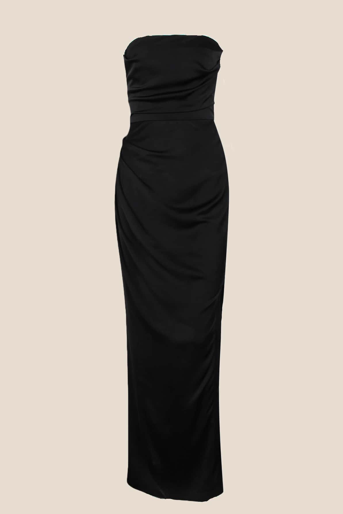 Strapless Black Ruched Long Dress with Slit