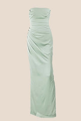 Strapless Sage Ruched Long Dress with Slit