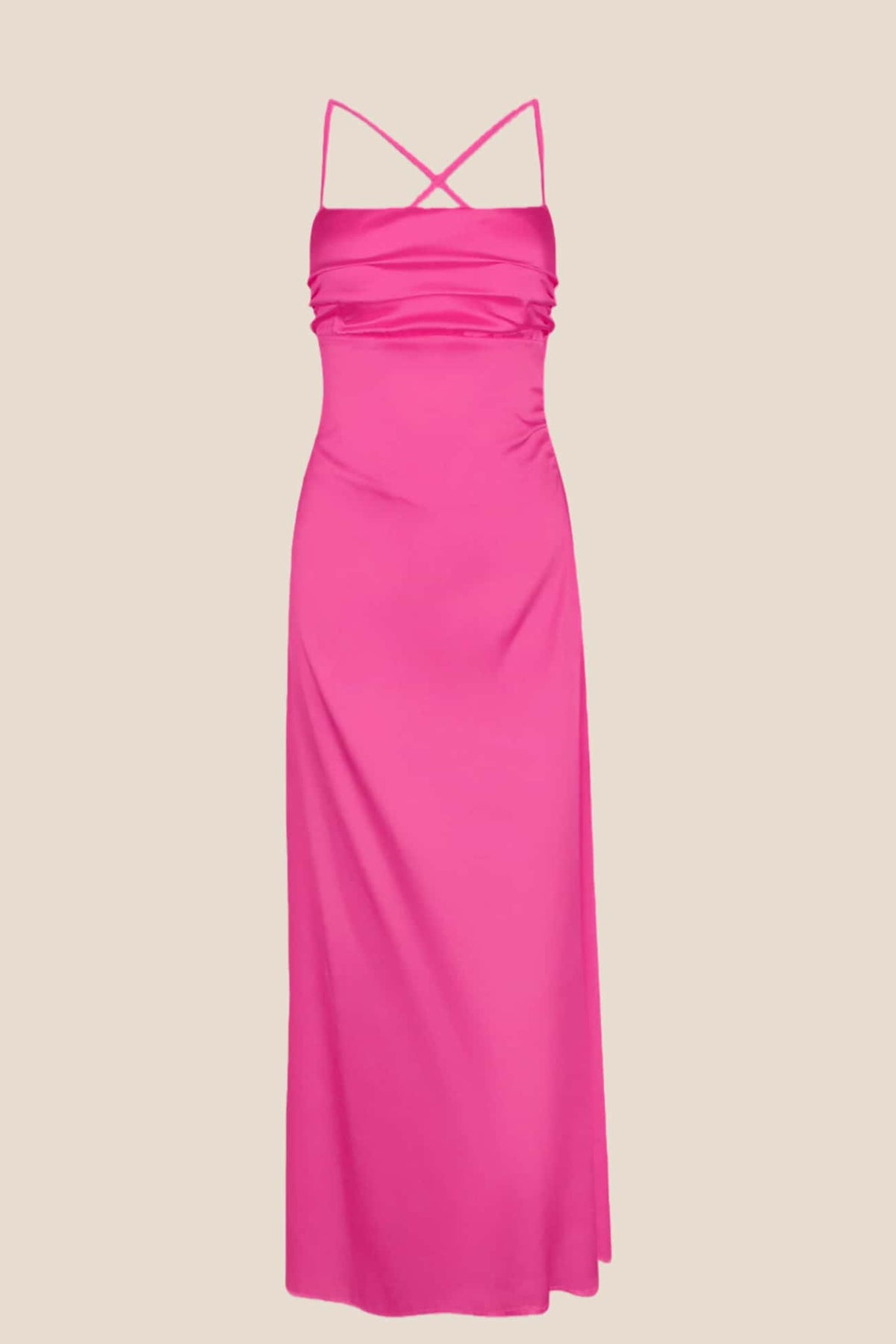Spaghetti Straps Fuchsia Satin Back Tie Long Dress