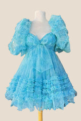 Short Puff Sleeves Blue Floral Babydoll Dress