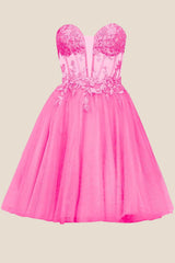 Plunge Hot Pink Appliques A-line Short Dress