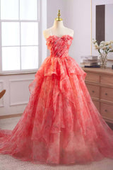 Princess Red Floral Ruffle Long Fairy Dress