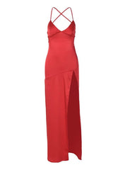 Simply Red Straps Soft Satin Fitted Slit Dress