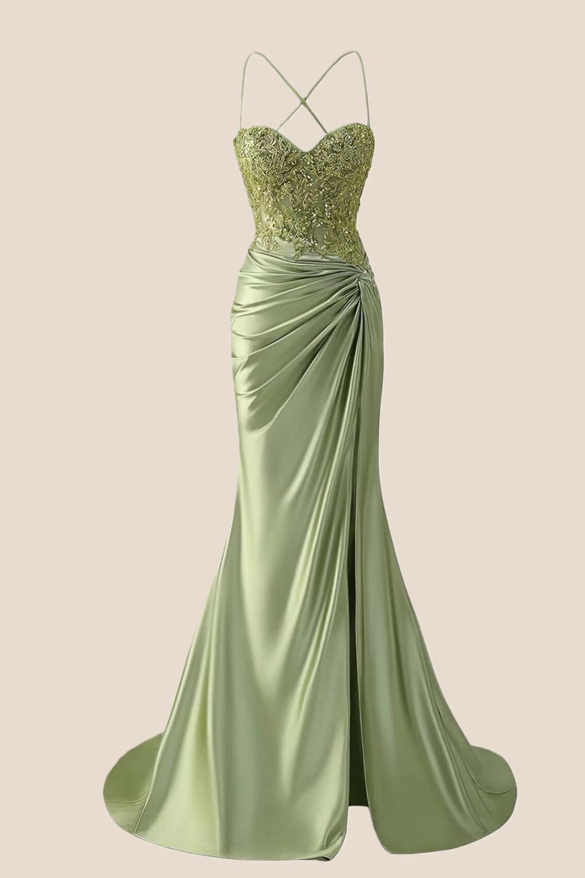 Sage Appliques Twist Satin Mermaid Prom Dress