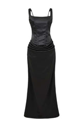 Square Neck Black Satin Ruched Long Dress