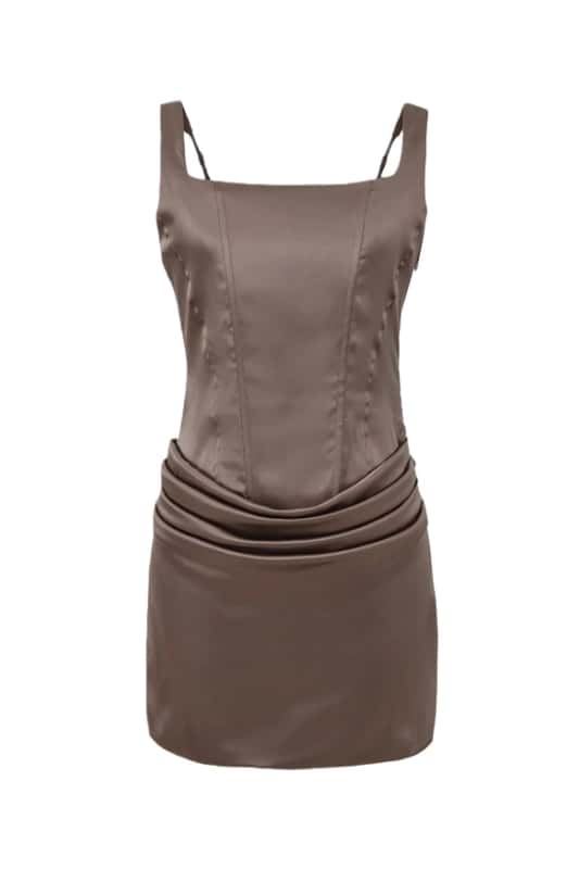 Square Neck Brown Ruched Short Party Dress