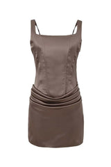 Square Neck Brown Ruched Short Party Dress