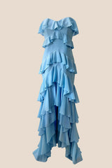 Strapless Blue Ruffle Tiered Long Chiffon Dress