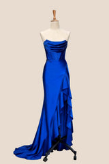Royal Blue Satin Cowl Neck Frill Slit Long Dress