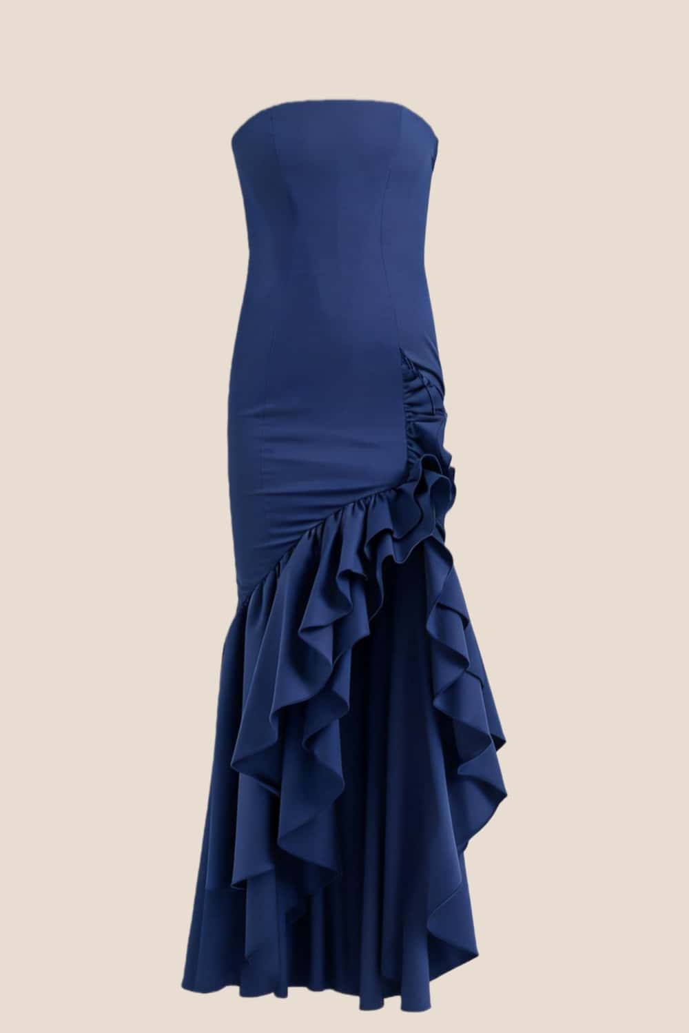 Strapless Navy Blue Mermaid Ruffle Long Dress