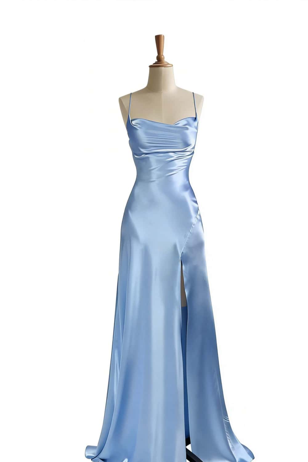 Simple Blue Satin Slit Long Formal Dress