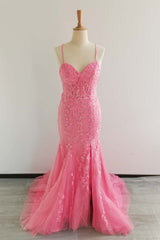 Straps Hot Pink Lace Mermaid Long Prom Dress