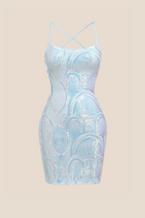 Square Neck Light Blue Short Dress with Sequin