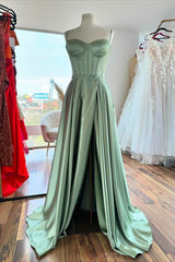 Sage Green Corset A-line Satin Long Formal Dress