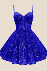 Spaghetti Straps Royal Blue Sequin Short Dress