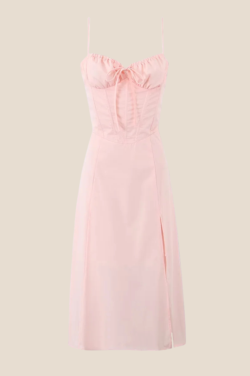 Spaghetti Straps Pink Tie Front Midi Dress