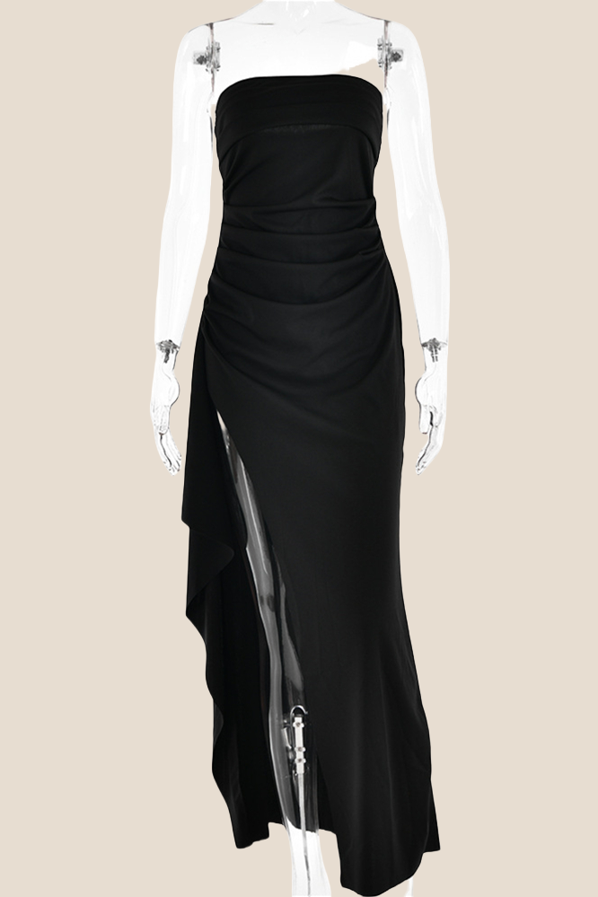 Strapless Black Ruched Long Dress with Slit