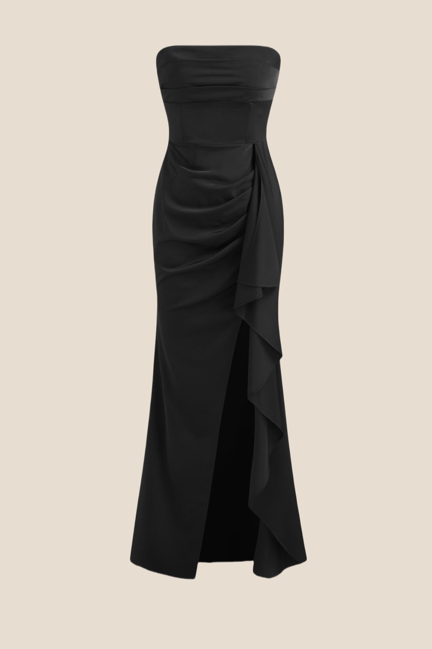 Strapless Black Ruched Long Dress with Slit