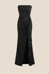 Strapless Black Ruched Long Dress with Slit