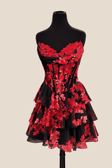 Strapless Black and Red Floral Print Tiered Short Dress