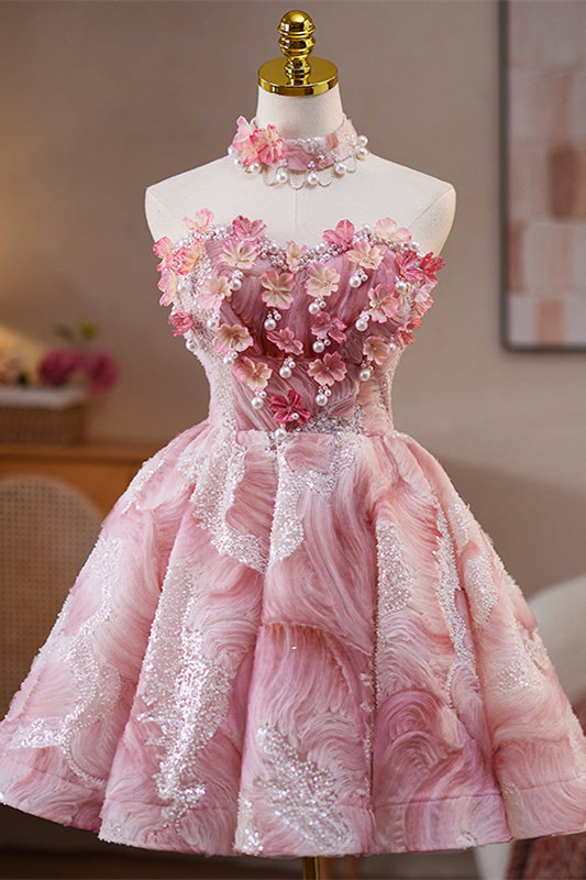 Strapless Pink 3D Floral Short Dress
