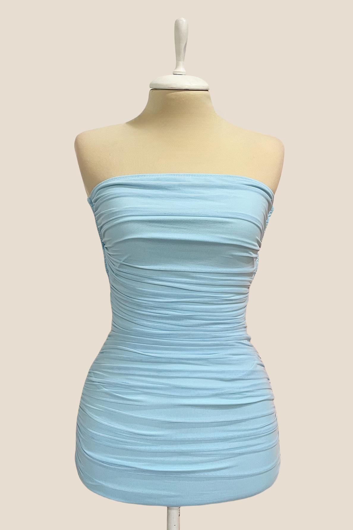 Strapless Blue Bodycon Lace-up Short Dress