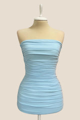 Strapless Blue Bodycon Lace-up Short Dress