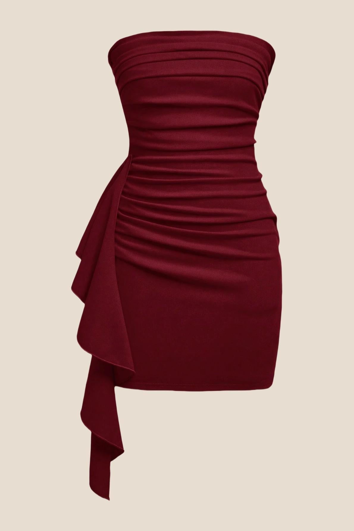 Strapless Burgundy Bodycon Short Dress with Train