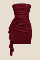 Strapless Burgundy Bodycon Short Dress with Train
