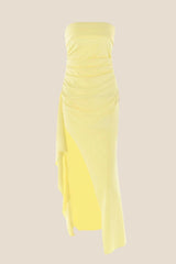 Strapless Yellow Pleated Long Dress with Slit