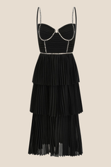 Straps Black Beaded Tiered Pleated Long Dress