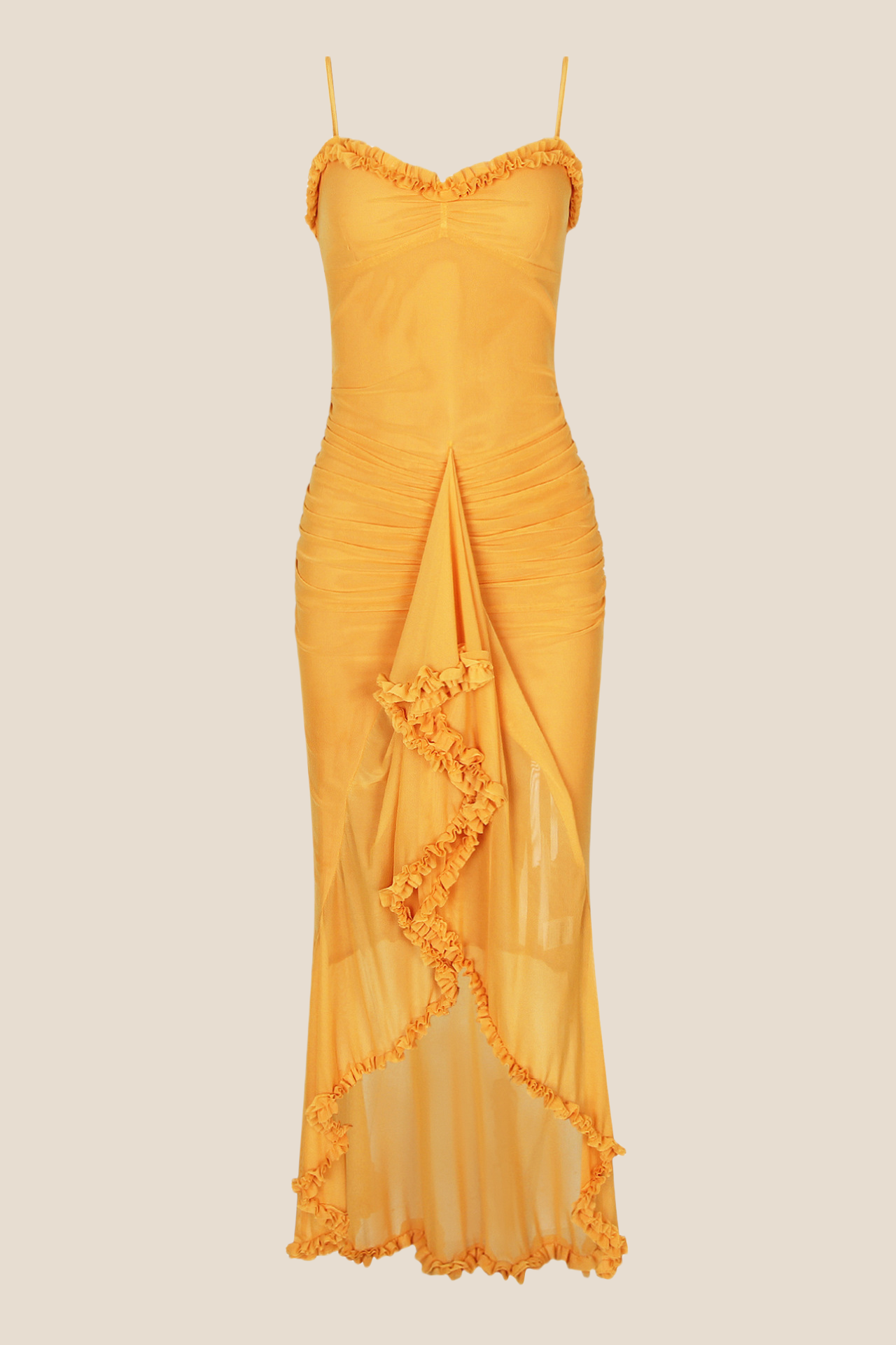 Straps Yellow Ruffled Front Irregular Long Dress