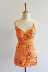 Spaghetti Straps Beaded Orange Mini Dress