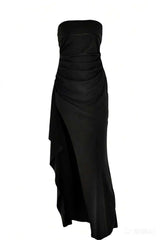 Strapless Black Ruched Long Dress with Slit