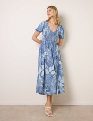 Shirred Button V Neck Midi Dress