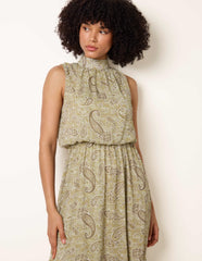Paisley Print Rhinestone High Neck Midi Dress