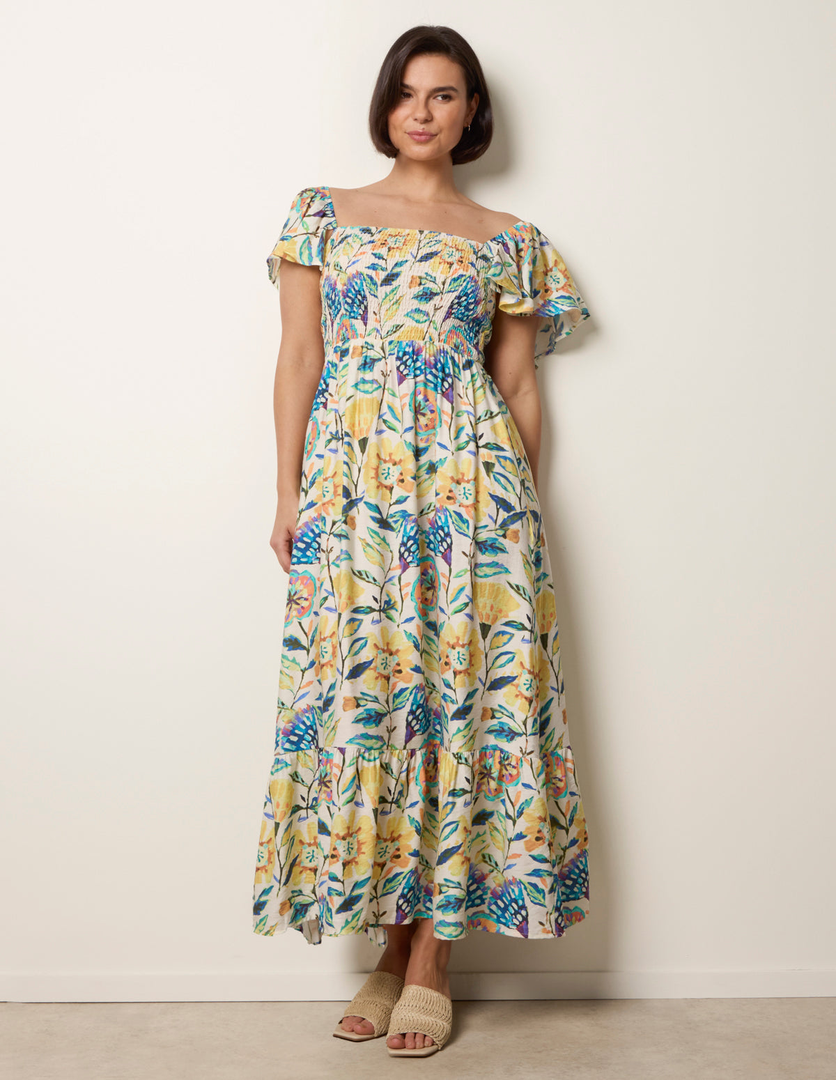 Frill Sleeveless Tropical Floral Print Dress