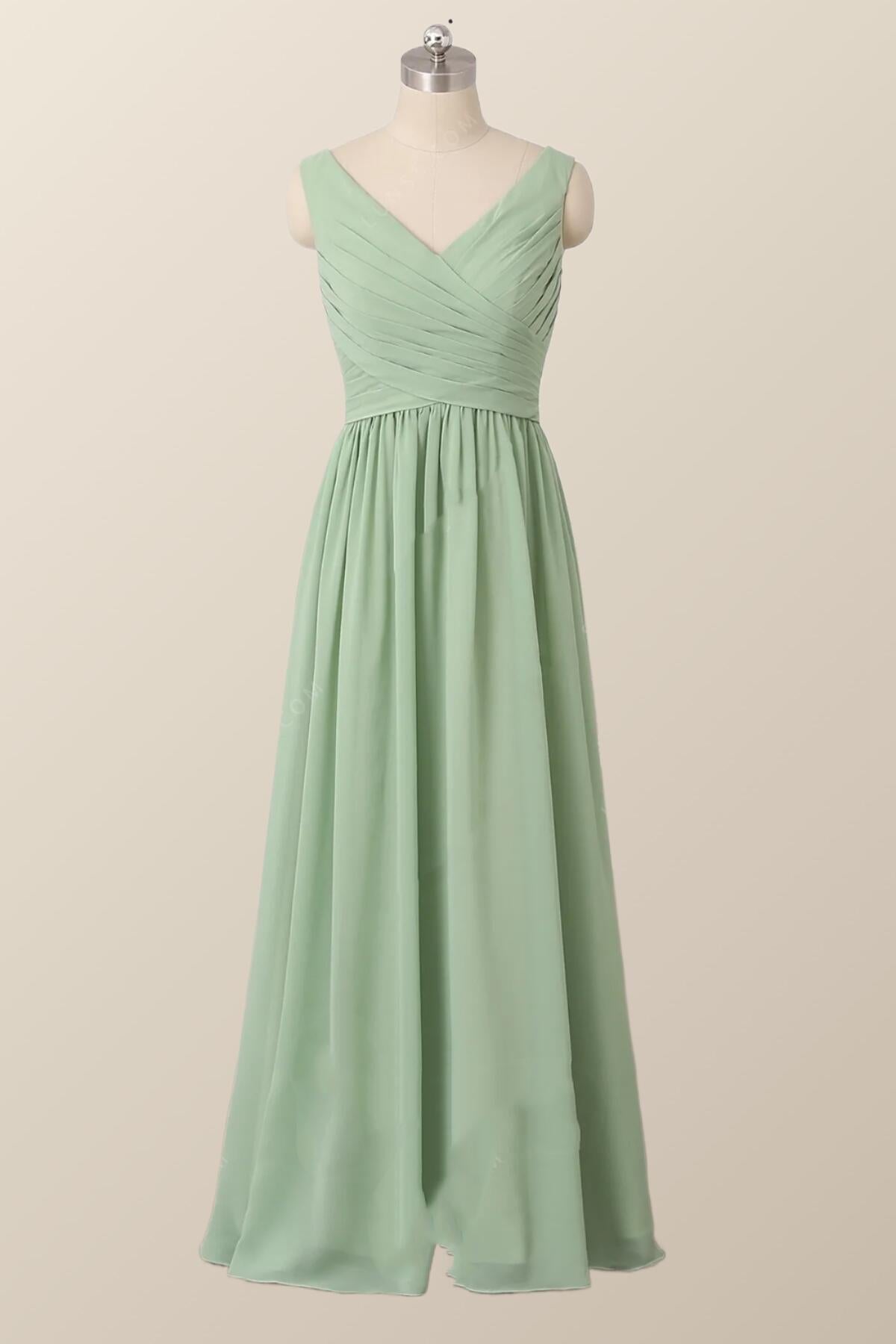 Pleated V Neck Mint Green Chiffon Bridesmaid Dress