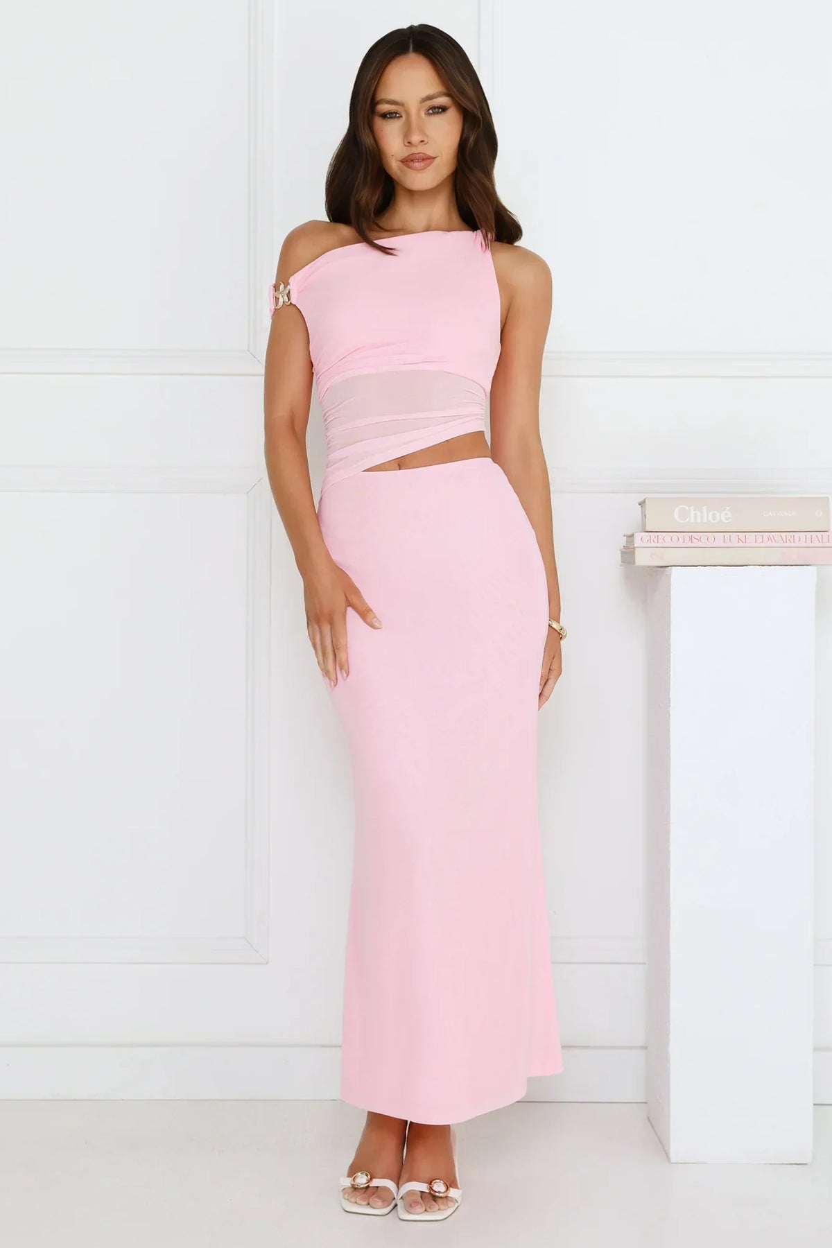 Shimmering Edge Off Shoulder Mesh Maxi Dress Pink