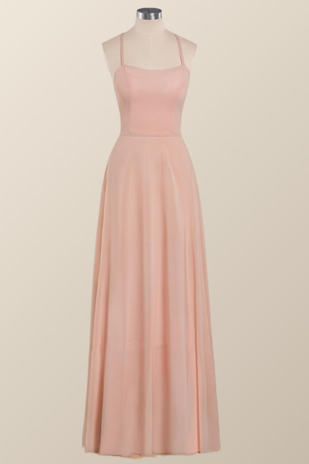 Princess Pink Straps Chiffon A-line Long Bridesmaid Dress