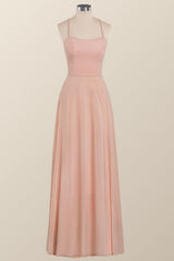 Princess Pink Straps Chiffon A-line Long Bridesmaid Dress
